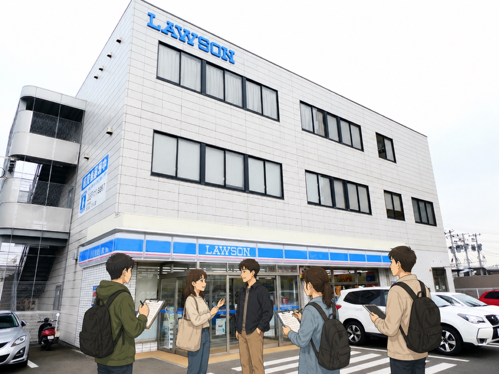 ローソン店舗前で観察・取材する学生たち
