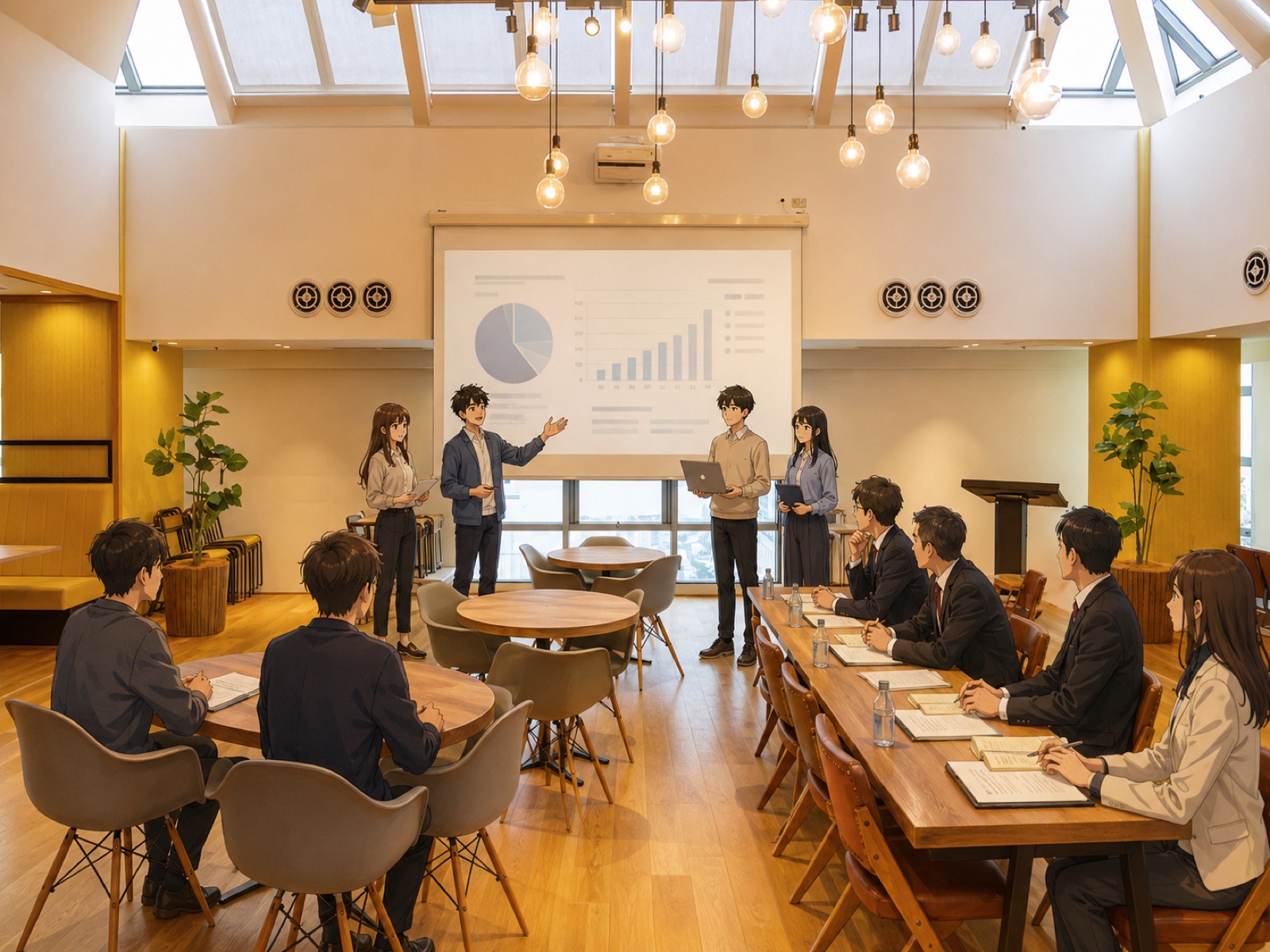 ローソン本部と地元の方々へプレゼンする学生たち